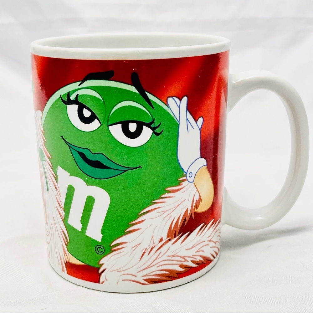 Coffee Mug - Green M&M, White Feather Boa and Pink Rose, EUC